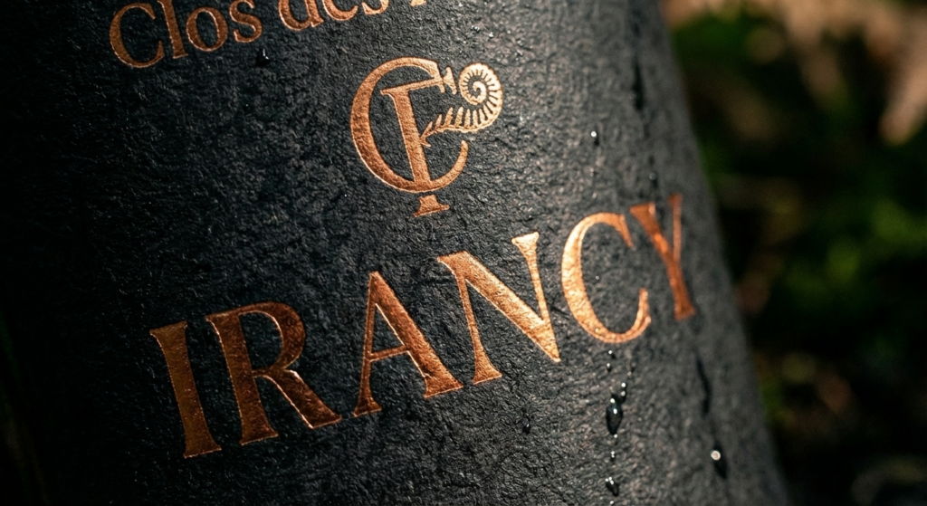 Zoom paackaging vin Irancy Clos des Frondes marquage à chaud cuivre domaine viticole