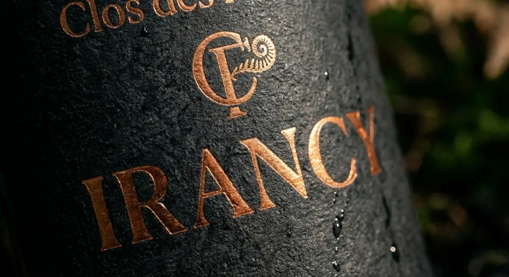 Zoom paackaging vin Irancy Clos des Frondes marquage à chaud cuivre domaine viticole