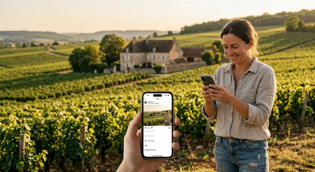 Vigneronne prenant en photo ses vigne en Bourgogne